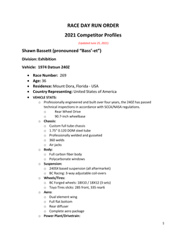 RACE DAY RUN ORDER 2021 Competitor Profiles