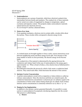 EE105 Spring 2006 Discussion 1 1. Semiconductors