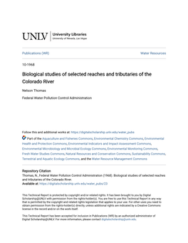 Biological Studies of Selected Reaches and Tributaries of the Colorado River