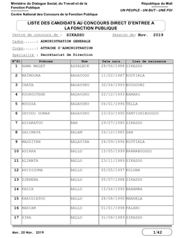 1 Liste Des Candidats Au Concours Direct D'entree A