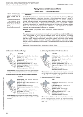 Apocynaceae Endémicas Del Perú Blanca León 1,2 Y Christhian Monsalve 1