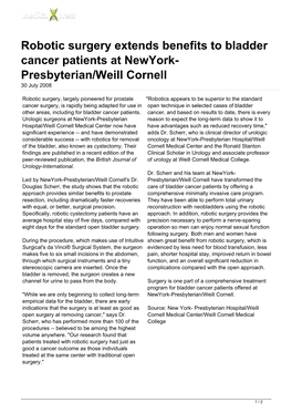 Robotic Surgery Extends Benefits to Bladder Cancer Patients at Newyork- Presbyterian/Weill Cornell 30 July 2008