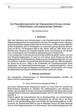 Cinclus Cinclus) in Rheinhessen Und Angrenzenden Gebieten