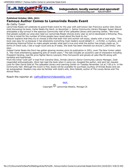 Famous Author Comes to Lamorinda Reads Event