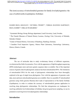 Accuracy of Mitochondrial Genomes for Family Level Phylogenetics: the Case of Erebid Moths (Lepidoptera; Erebidae)