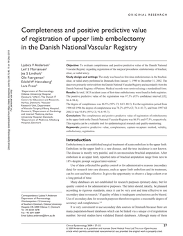 Completeness and Positive Predictive Value of Registration of Upper Limb Embolectomy in the Danish National Vascular Registry