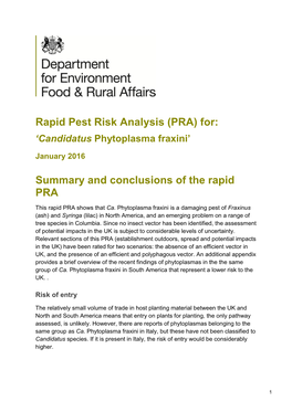 Rapid Pest Risk Analysis (PRA) For: Summary and Conclusions of the Rapid