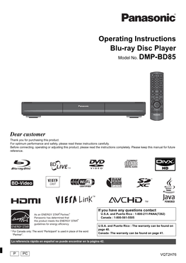 Operating Instructions Blu-Ray Disc Player Model No