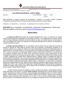 Liceo De Niñas De Rancagua Unidad Técnica Pedagógica Departamento De Artes Musicales Profesor: Esteban Cristobal Jimenez Caceres