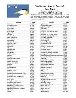 LOCALITY/TETRAD LIST This List Shows Many Locality Names in the Club’S Recording Area with Their Appropriate 10KM/Tetrad Identifier