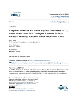 ACOT) Gene Clusters Shows That Convergent, Functional Evolution Results in a Reduced Number of Human Peroxisomal Acots