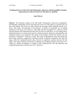 P. 1 Feeding Preference of the Oak Moth (Phargandia Californica) and the Possibility of Tannin Sequestration on a Diet of Costal