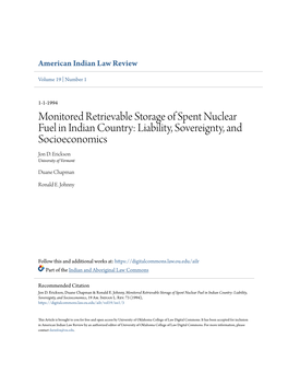 Monitored Retrievable Storage of Spent Nuclear Fuel in Indian Country: Liability, Sovereignty, and Socioeconomics Jon D