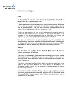 AVIS Ce Document a Été Numérisé Par La Division De La Gestion Des Documents Et Des Archives De L'université De Montréal