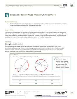 Lesson 15: Secant Angle Theorem, Exterior Case