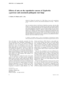 Effects of Ants on the Reproductive Success of Euphorbia Cyparissias and Associated Pathogenic Rust Fungi