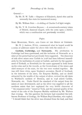 Carlisle, Corbridge, and Newcastle. His Attribution to Corbridge Had Been Questioned, and the Inclusion of Newcastle