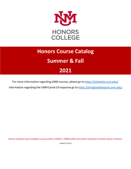 Honors Course Catalog Summer & Fall 2021