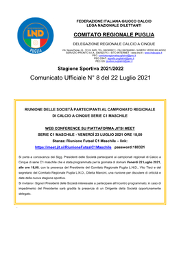 Comunicato Ufficiale N° 8 Del 22 Luglio 2021