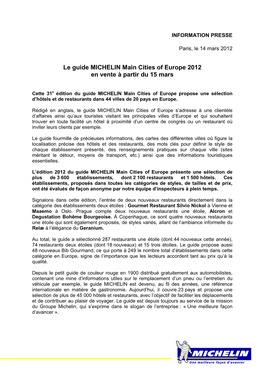 Le Guide MICHELIN Main Cities of Europe 2012 En Vente À Partir Du 15 Mars