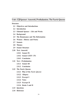 Unit -2 Spenser: Amoretti, Prothalamion. the Faerie Queene