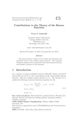 Contributions to the Theory of the Barnes Function 1 Introduction