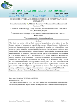 INTERNATIONAL JOURNAL of ENVIRONMENT Volume-8, Issue-2, 2019 ISSN 2091-2854 Received: 30 Dec 2018 Revised: 29 Jul 2019 Accepted: 3 Aug 2019