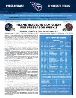 Titans Travel to Tampa Bay for Preseason Week 2