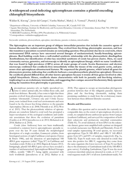 A Widespread Coral-Infecting Apicomplexan Contains a Plastid Encoding Chlorophyll Biosynthesis