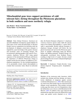 Mitochondrial Gene Trees Support Persistence of Cold Tolerant Fairy Shrimp Throughout the Pleistocene Glaciations in Both Southern and More Northerly Refugia