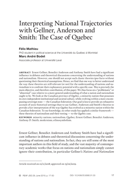 Interpreting National Trajectories with Gellner, Anderson and Smith: the Case of Quebec