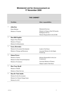 Ministerial List for Announcement on 17 November 2008