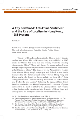 Anti-China Sentiment and the Rise of Localism in Hong Kong, 1988-Present