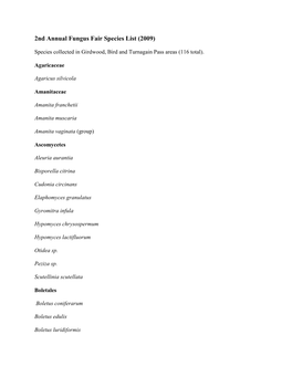 2Nd Annual Fungus Fair Species List (2009)