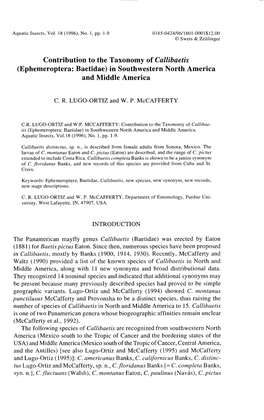 Contribution to the Taxonomy of Callibaetis (Ephemeroptera: Baetidae) in Southwestern North America and Middle America