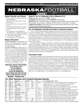 The 2001 Nebraska (4-0) Football Schedule/Results Day