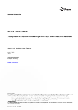 Bangor University DOCTOR of PHILOSOPHY a Comparison of Al Qassim Viewed Through British Eyes and Local Sources: 1862-1918 Alresh