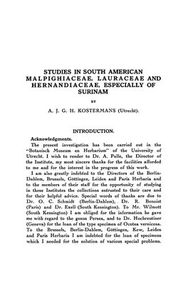 Studies in South American Malpighiaceae, Lauraceae and Hernandiaceae, Especially of Surinam