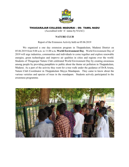 (Accredited with 'A' Status by NAAC) NATURE CLUB Report of the Extension Activity Held on 05.06.2019 We Organized a One