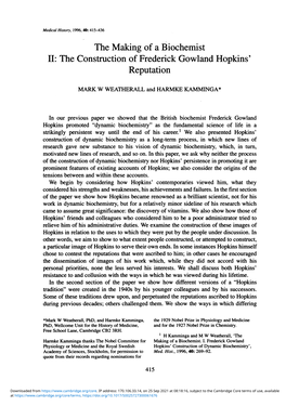 The Making of a Biochemist II: the Construction of Frederick Gowland Hopkins' Reputation