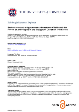 Enthusiasm and Enlightenment: the Reform of Faith and the Reform of Philosophy in the Thought of Christian Thomasius