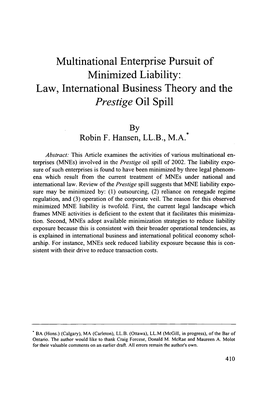 Multinational Enterprise Pursuit of Minimized Liability: Law, International Business Theory and the Prestige Oil Spill