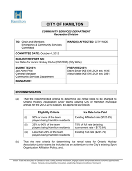 Ice Rates for Junior Hockey Clubs (CS12033) (City Wide)