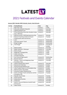 2021 Festivals and Events Calendar