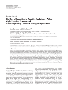 Review Article the Role of Parasitism in Adaptive Radiations—When Might Parasites Promote and When Might They Constrain Ecological Speciation?