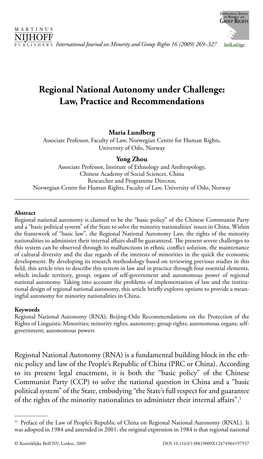 Regional National Autonomy Under Challenge: Law, Practice and Recommendations