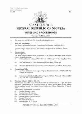 SENATE of the FEDERAL REPUBLIC of NIGERIA VOTES and PROCEEDINGS Thursday, 7Th March, 2013