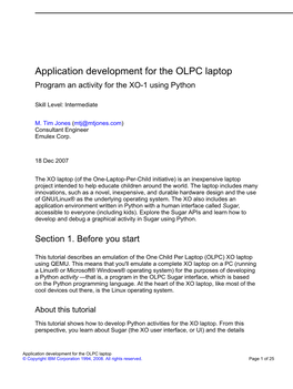 Application Development for the OLPC Laptop Program an Activity for the XO-1 Using Python