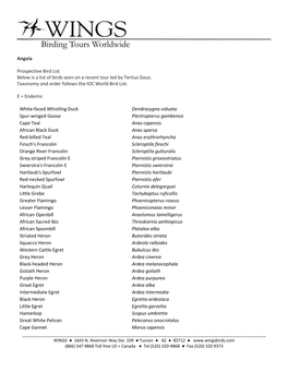 Bird List Below Is a List of Birds Seen on a Recent Tour Led by Tertius Gous