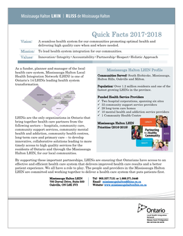 Quick Facts 2017-2018 Vision: a Seamless Health System for Our Communities Promoting Optimal Health and Delivering High Quality Care When and Where Needed